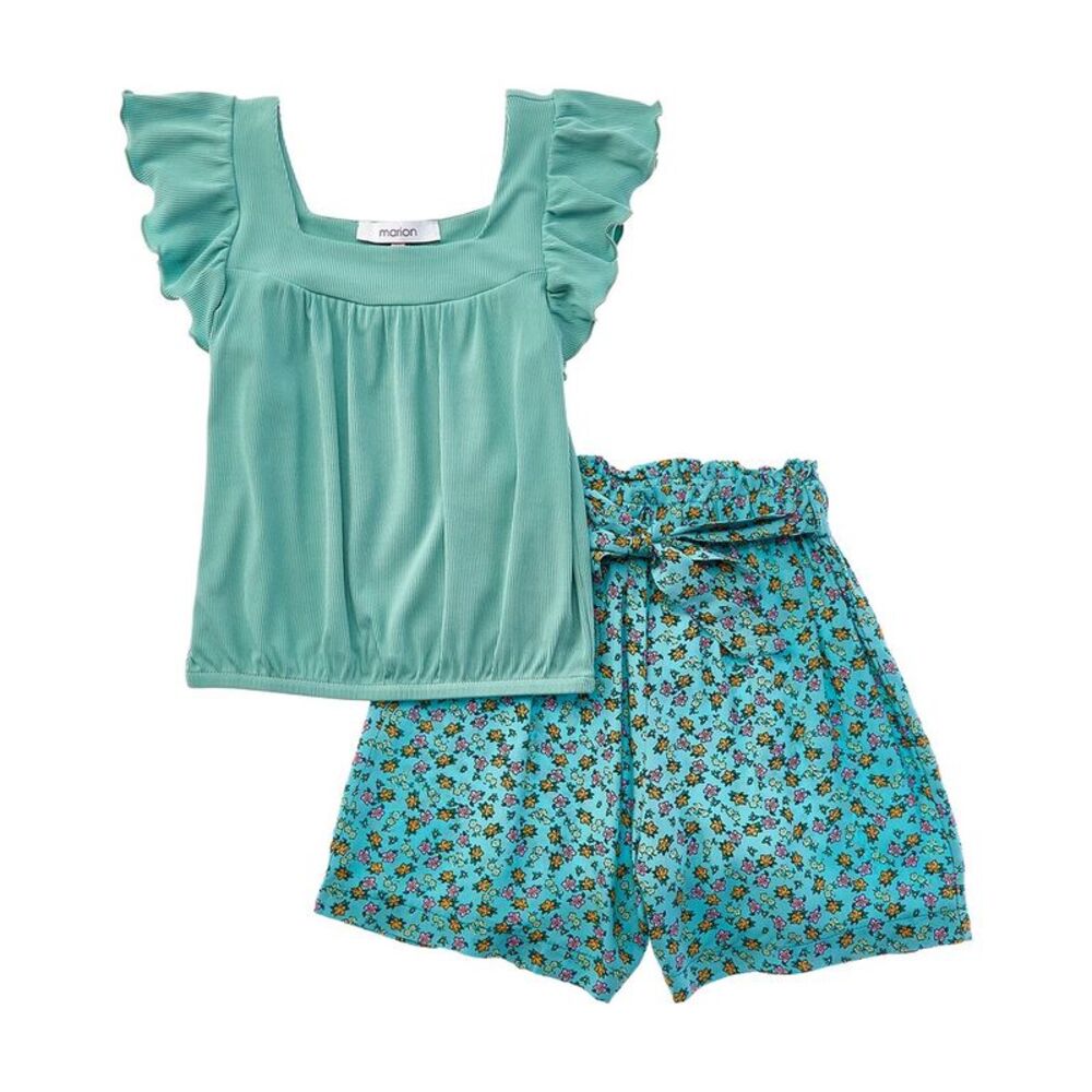 Marion Girls  2Pc Top & Floral Short Set, Green